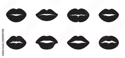 Set of black lips silhouettes in various forms isolated on white background for design