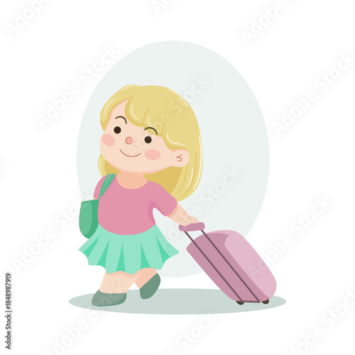 A chibby kawaii girl with suitcase goes to airport for travelling around the world vector illustration. Perfect element for fashion, card, merchandise, web design, wallpaper, travel business.