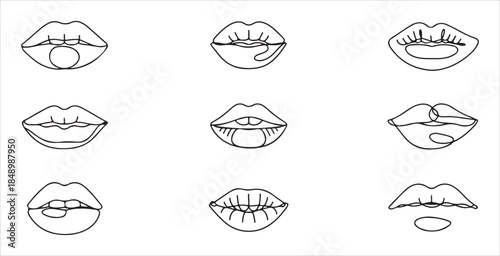 Set of colorful female lips with various expressions and emotions design element