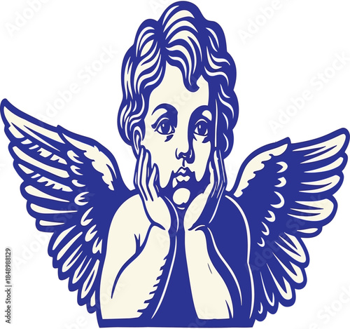 A vintage illustration depicting a melancholic cherub with wings resting chin on hands in blue monochrome