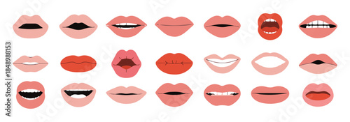 Variety of nude tone female lips with different expressions on white background vector
