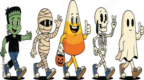 a delightful halloween parade featuring frankenstein mummy candy corn skeleton and a friendly ghost character illustration