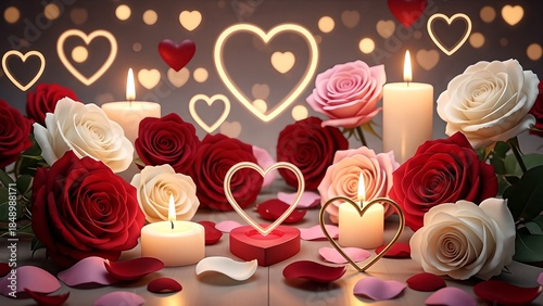 Romantic Valentine's Day gift arrangement with roses, candles, and heart-shaped decorations on a table, evoking love and romance.