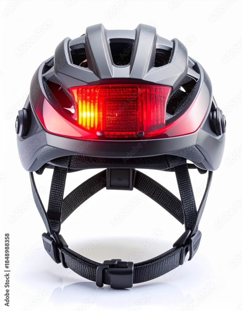 Fototapeta premium Gray Bicycle Helmet with Red Rear Light on White Background Reflective Surface