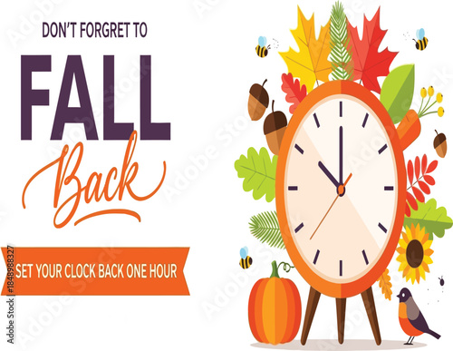 A vibrant fall themed image illustrating daylight saving time ending with leaves pumpkins and a clock
