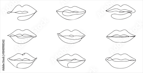 Set of 9 continuous line drawing of lips with various shapes on white background design