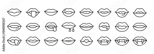 Set of  black outline lip icons with various expressions on white background for design