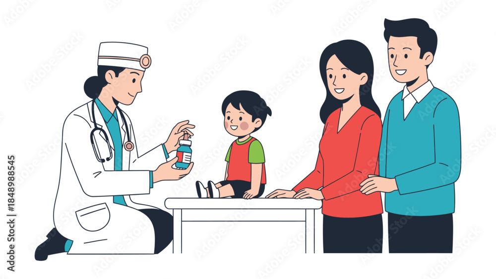 Fototapeta premium Consultation of Pediatrician: In a calm office setting, a pediatrician carefully shows a young boy a bottle, the child's parents attentively watching.