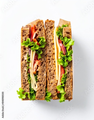 Top Down Studio Shot of Dark Bread Sandwich with Cheese and Vegetables