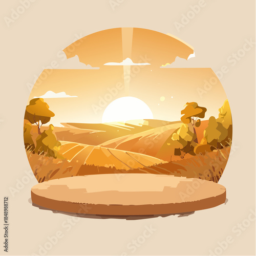 Scenic autumn landscape with fields, trees, and a bright sun in a stylized, circular composition.