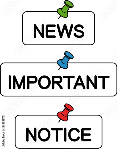 ニュース・重要・通知の告知アイコンセット（News, Important and Notice Label Icons with Push Pins）
