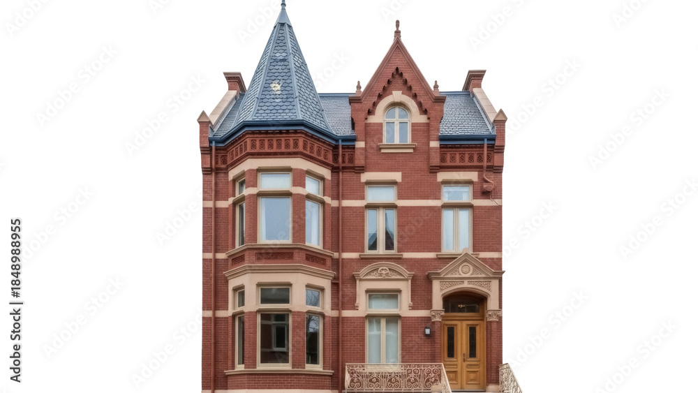 Fototapeta premium Isolated red-brick Victorian house, classic architecture, old luxury home exterior design