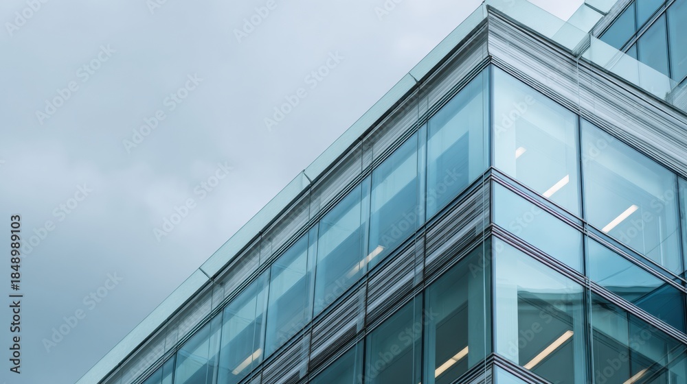 Obraz premium Modern glass office building corner with geometric facade lines and soft overcast sky creating calm urban atmosphere