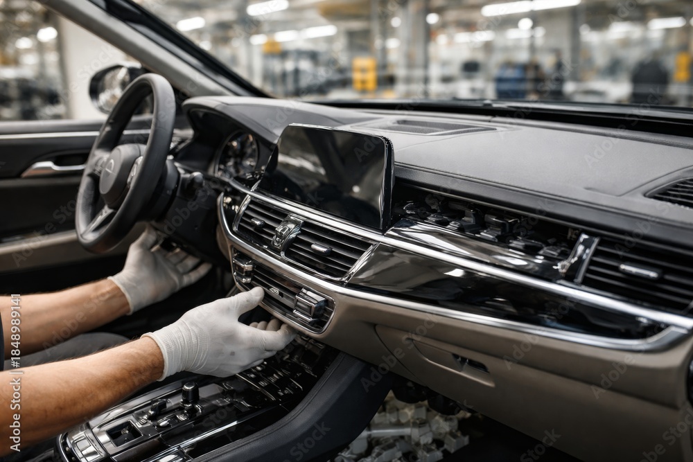 Obraz premium A male technician in gloves adjusts the controls of a luxury car's interior, showcasing attention to detail in the automotive industry.