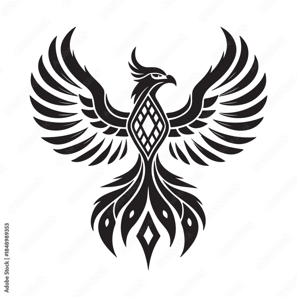 Fototapeta premium A black vector illustration of a flying eagle with wide wings in a bold tattoo style design