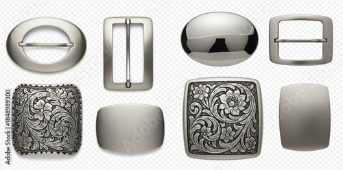 Set of various metal belt buckles with different shapes and designs.