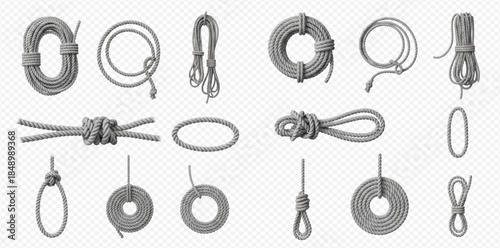 Set of various gray ropes, cords, and knots for different purposes like climbing, sailing, and securing objects.
