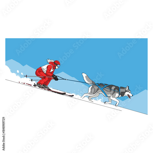 Red Clad Skier with Dog Trekking Across Snow.
