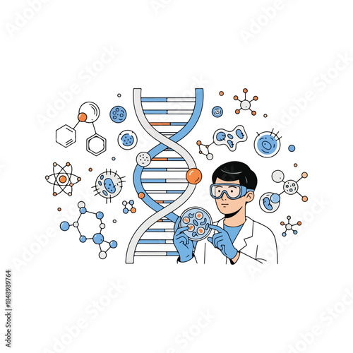 Scientist Studying DNA Double Helix in Laboratory.