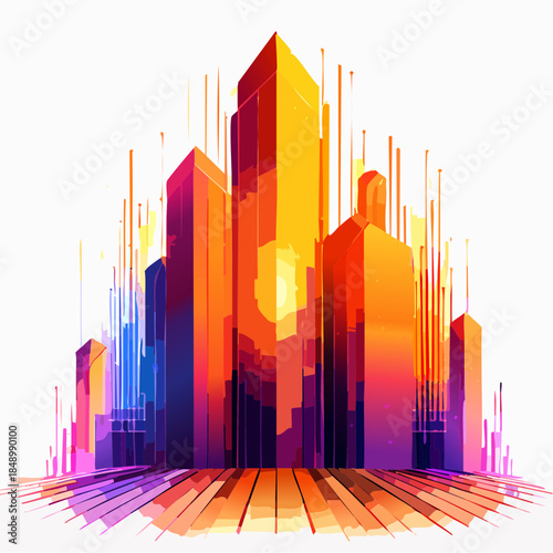 Abstract cityscape with vibrant colors and geometric shapes, creating a modern and artistic representation of urban architecture.