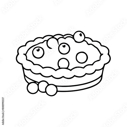 Hand-drawn black and white vector outline of a blueberry pie in a baking dish with loose berries on the side.