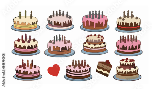 Cute birthday cake set with candles party dessert cartoon vector illustration
