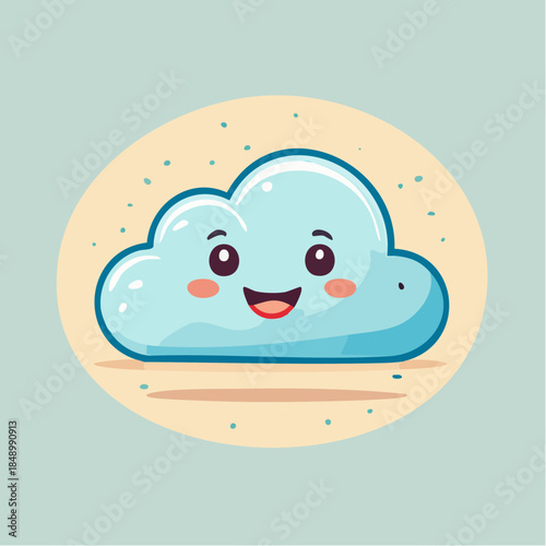 A cute, cartoon-style illustration of a smiling blue cloud with rosy cheeks, set against a soft yellow background.
