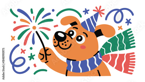 Festive pup with sparkler: A cheerful illustration captures the essence of celebration, featuring a lively pup igniting a sparkler amidst joyful confetti and festive decorations.