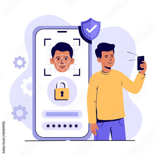 Facial recognition biometric scan for authentication protection security concept. Person holding smartphone for scanning flat illustration.