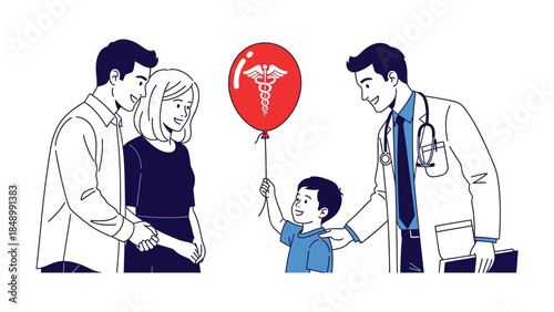 Health and Happiness: A doctor and a young child, holding a health-related symbol, share a heartwarming moment, with a family united in hope and trust. 
