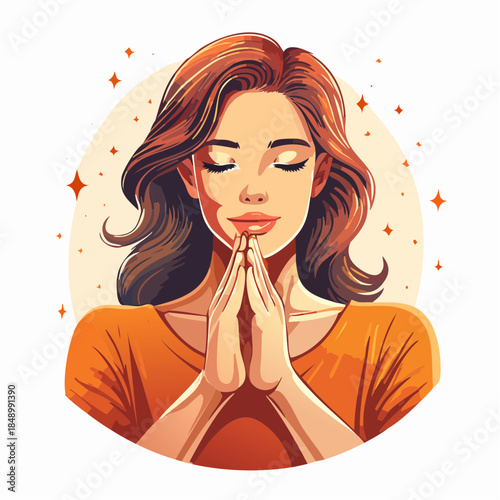 Woman with hands clasped in prayer, eyes closed, against a circular background.