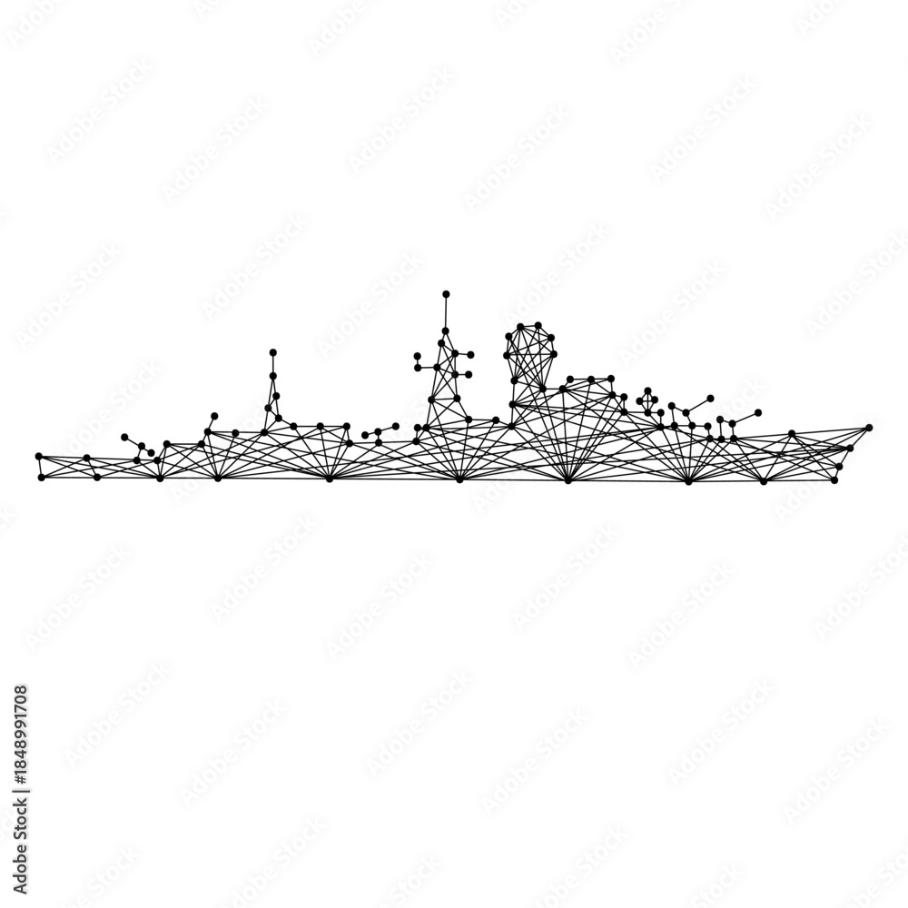 Obraz premium warship cruiser silhouette from abstract futuristic polygonal black lines and dots