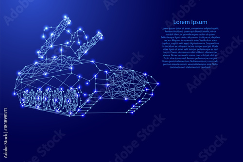 anti-aircraft missile launcher mounted on tracked combat vehicle from futuristic polygonal blue lines and glowing stars for banner, poster, greeting card