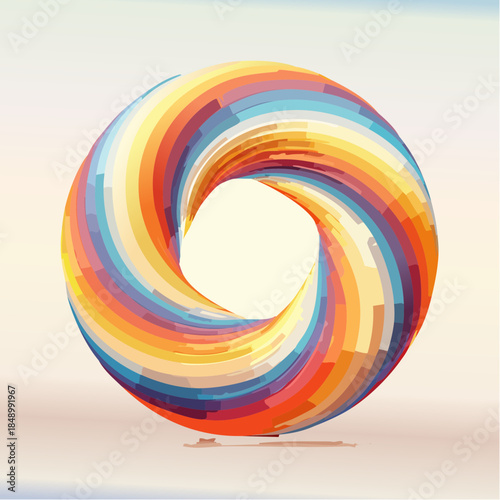 Abstract colorful torus with pixelated texture and a swirling pattern on a light background.