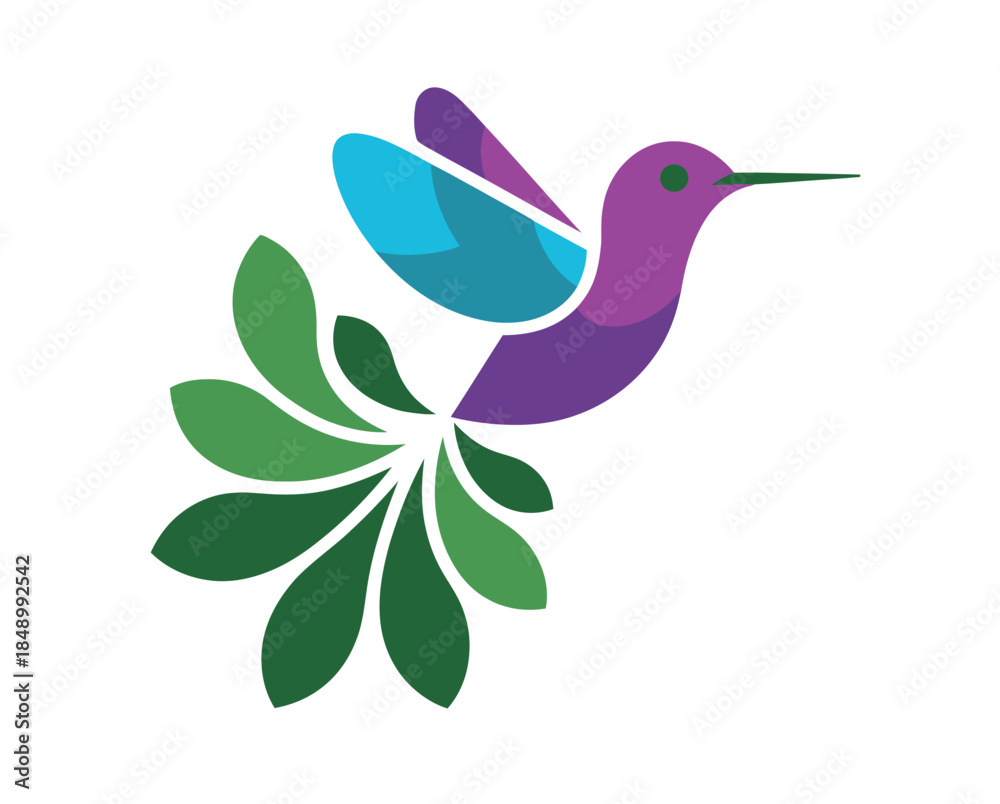 Fototapeta premium Colorful Hummingbird Perched on Leafy Branch with Purple, Blue, and Green Feathers