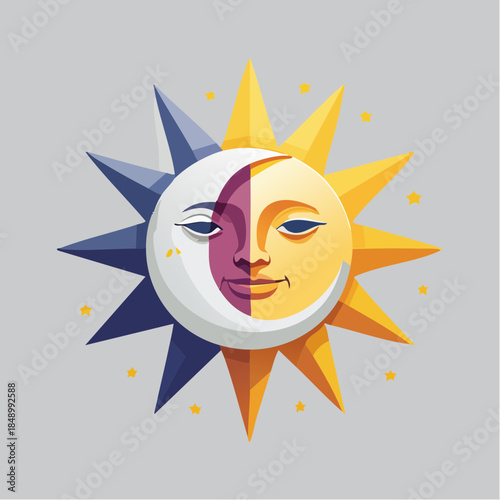Stylized sun and moon face illustration with a celestial theme.
