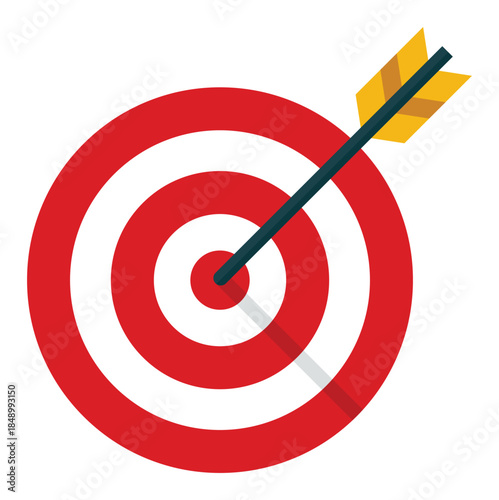 Minimal target and bullseye icon with arrow hitting center, flat goal achievement symbol for business success, marketing strategy, focus concept, red and white design, vector illustration