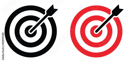 Set of minimal target and bullseye icons with arrow hit, flat geometric goal symbols for business strategy, marketing success, performance tracking, achievement concept, black and red design