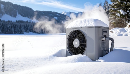 heat pump machine covered in snow outdoors