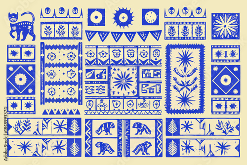 A collection of blue and white patterned designs featuring animals and geometric shapes