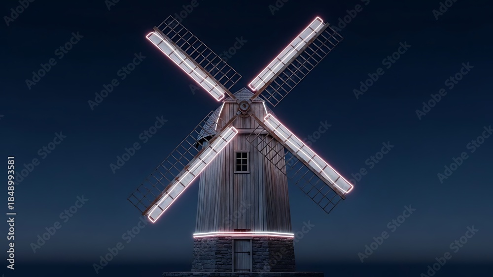 Obraz premium Old Windmill at Night with Illuminated Blades.