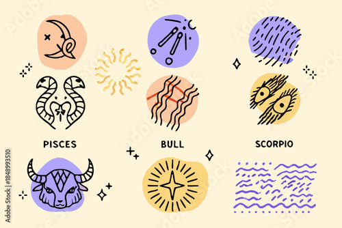 Zodiac signs illustration featuring astrological symbols and stylized animal representations