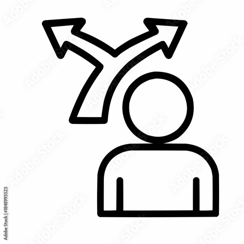 Line icon of a person with confused arrows — wrong direction, black on white, square minimalist style