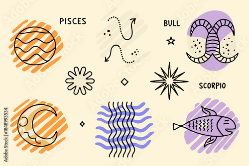 Zodiac symbols and celestial imagery in a whimsical hand drawn style