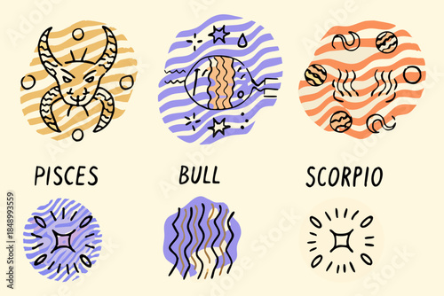 Stylized zodiac signs illustration featuring pisces bull scorpio and other symbols