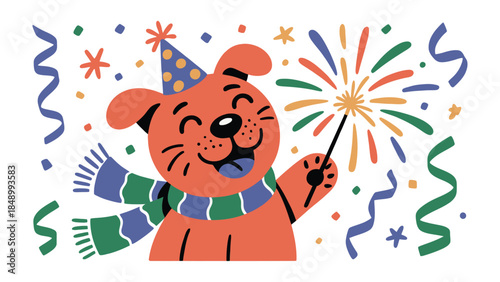 Festive Pup's Celebration: A cheerful illustration captures a canine friend embracing a party atmosphere with joy. The artwork radiates a lighthearted vibe, perfect for any joyous occasion.