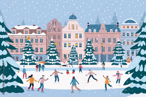 A festive winter scene with an ice skating rink and snow covered buildings