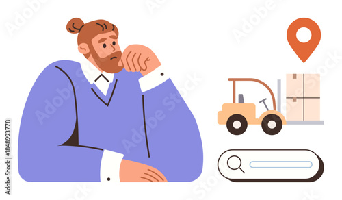 Thoughtful man in focus with forklift, warehouse icon, map pin, and search bar representing delivery, shipping, supply chain, e-commerce, warehouse logistics and planning. Ideal