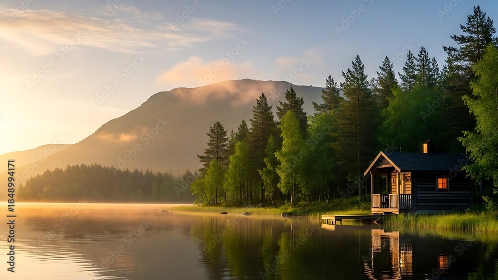 Fototapeta premium Serene Lake Cabin at Sunset with Mountains.