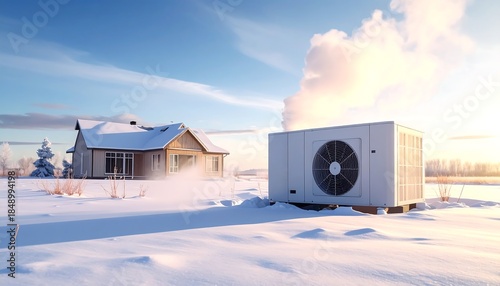 The heat pump is outdoors during the winter